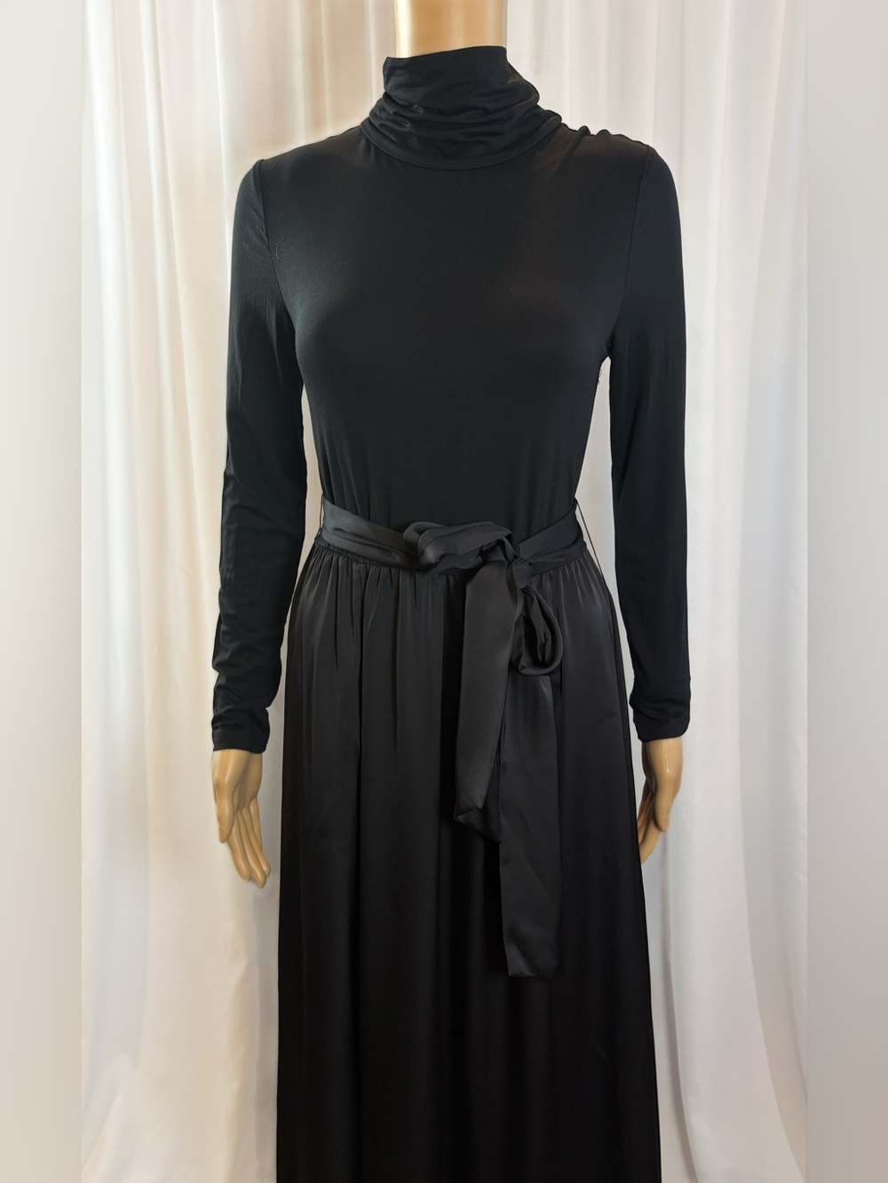 Modesees Mixed Media Turtleneck Satin Maxi Black Minimalist Dress Small